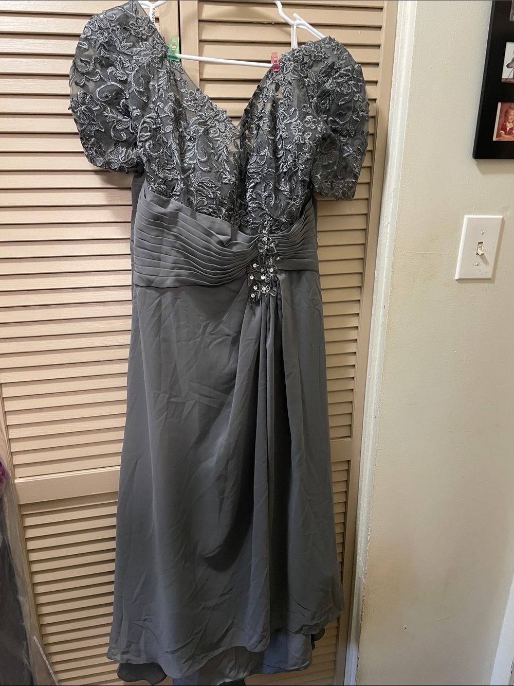 Elegant Gray Embroidered V-Neck Women's Dress
